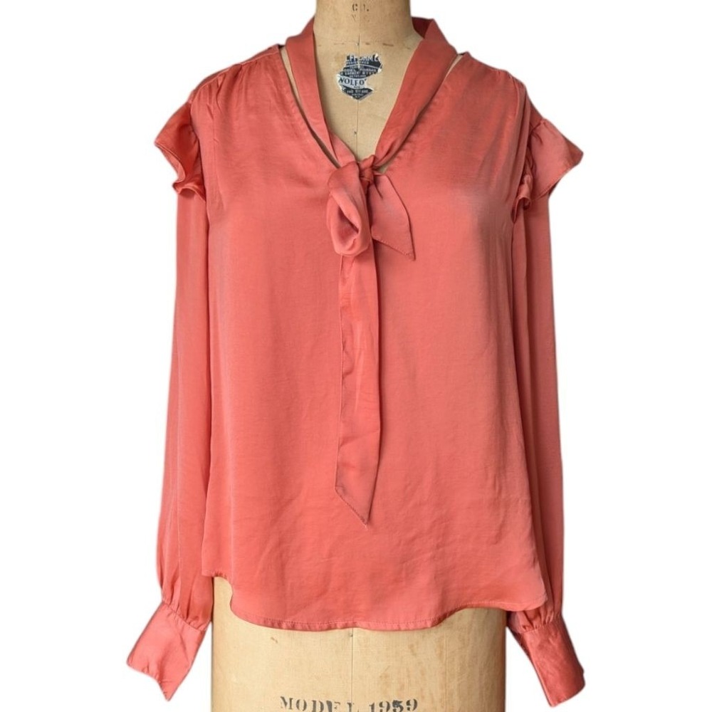 Terracotta Silky Satin Tie Neck Ruffle Blouse Top Long Sleeve Boho Office Sz L